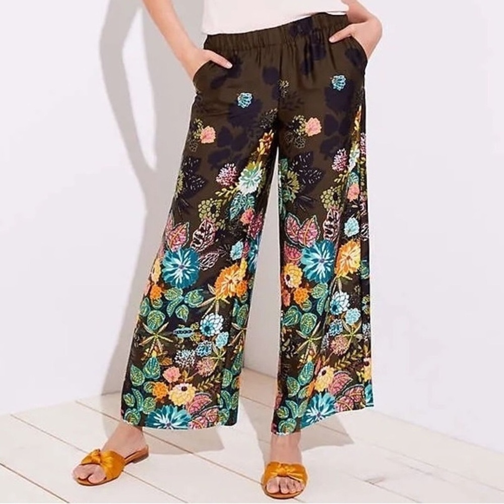 Loft Coral Springs Wide Leg Flowy Satin Olive Floral Pants Size XS